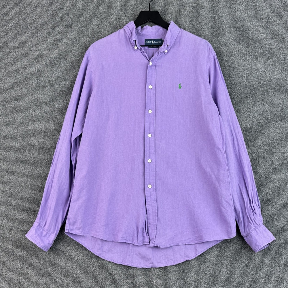 Vintage Ralph Lauren Linen Button Down Shirt Mens L Purple Travel Long Sleeve
